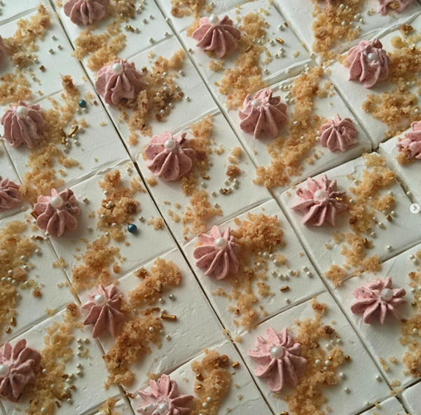 Artisanal petit fours with pink buttercream rosettes - Vivante Patisserie Bangalore