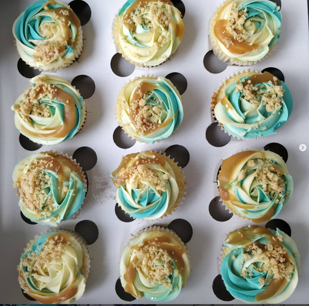 Gourmet cupcakes with blue and caramel swirl frosting - Vivante Patisserie