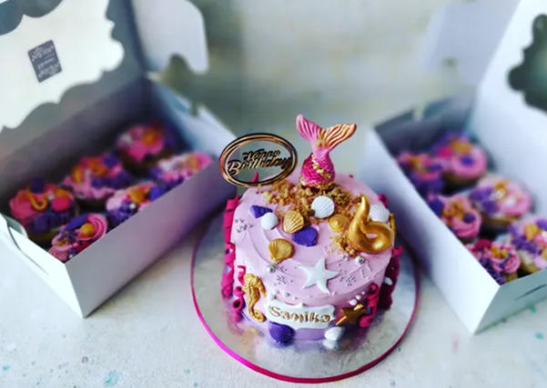 Mermaid theme birthday cake with matching cupcakes - kids party cake Bangalore